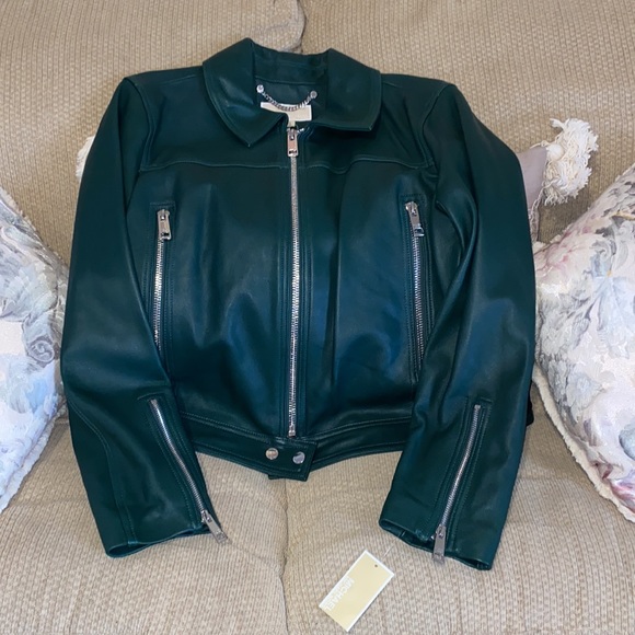 💚NWT Michael Kors Green Heavy Genuine Leather Moto Jacket - Picture 14 of 16